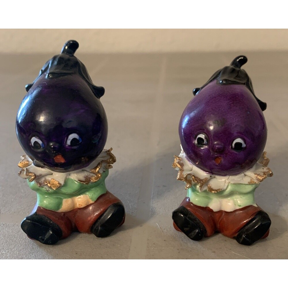 Vintage Anthropomorphic Baby Eggplant Salt and Pepper Shaker Gold Trim JAPAN